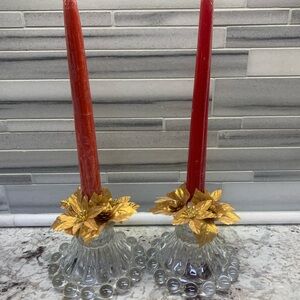 Set of 2 Vintage Imperial Bubble Style Clear Short Glass Candle Holders